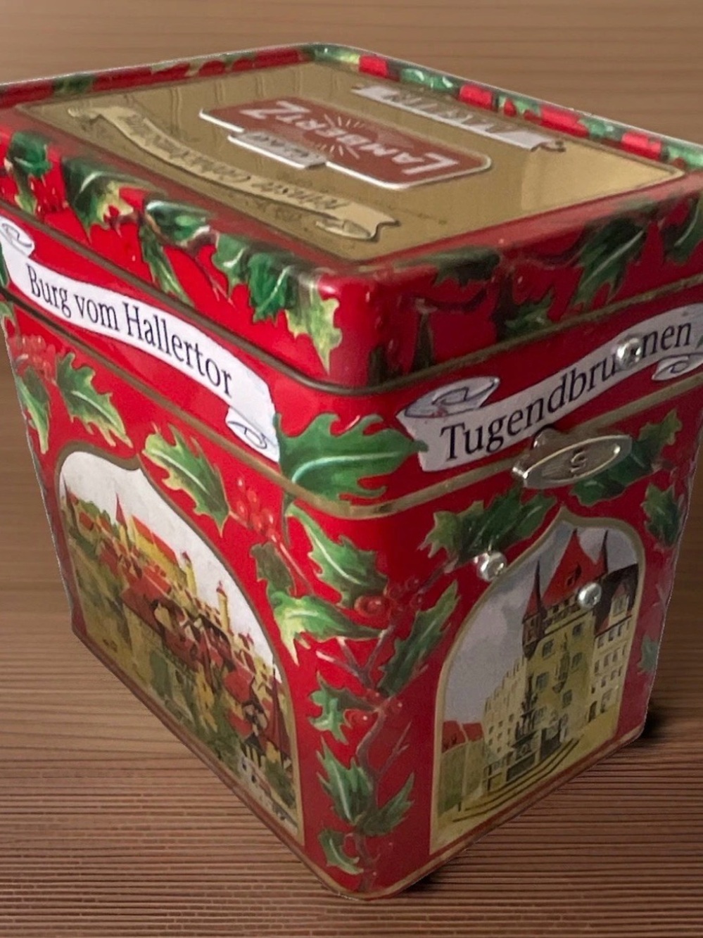 Vintage Lambertz Aachen Musical Cookie Tin Burg vom Hallertor Germany Music Box